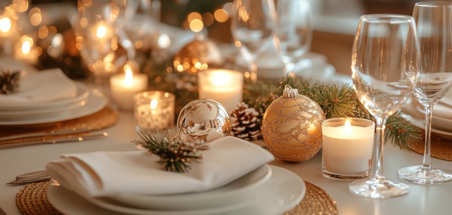 Table serving with plates, glasses, candles and christmas decoration for celebration dinner, festive interior decor for winter holiday