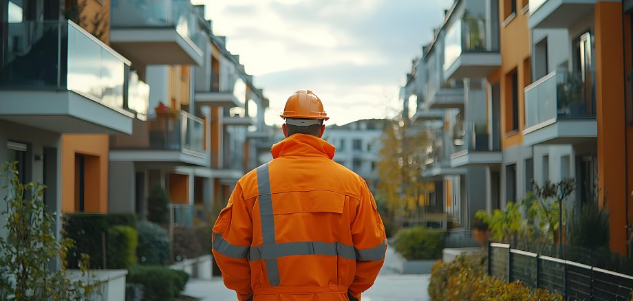 Worker Surveys New Apartment Complex, Modern Building Project Inspection