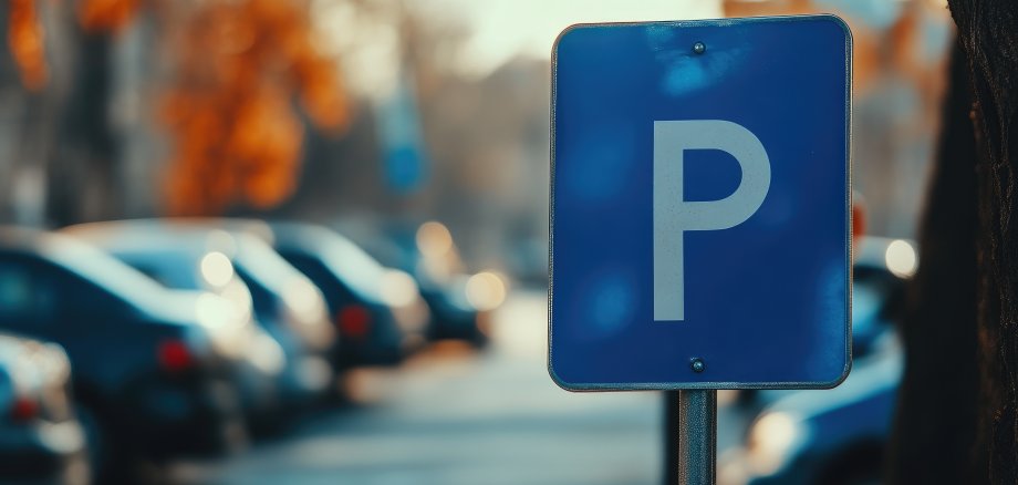 Cars in motion behind blue parking sign