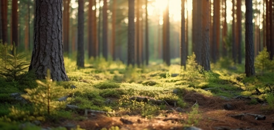 Nordic pine forest in the evening light. Short depth-of-field.